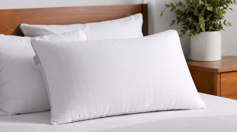 Close-up of a textured, breathable white pillow cover with elegant stitching.